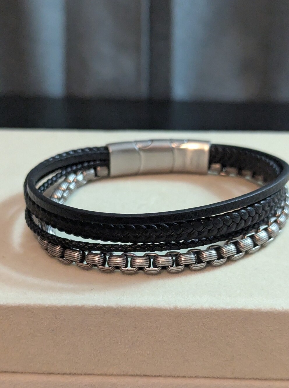 Men's Leather And Steel Bracelet Murtoo 9" W/ Removable Link